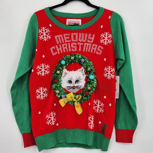 TIPSY ELVES Meowy Cat Ugly Christmas Sweater Small NWT - Picture 3 of 9